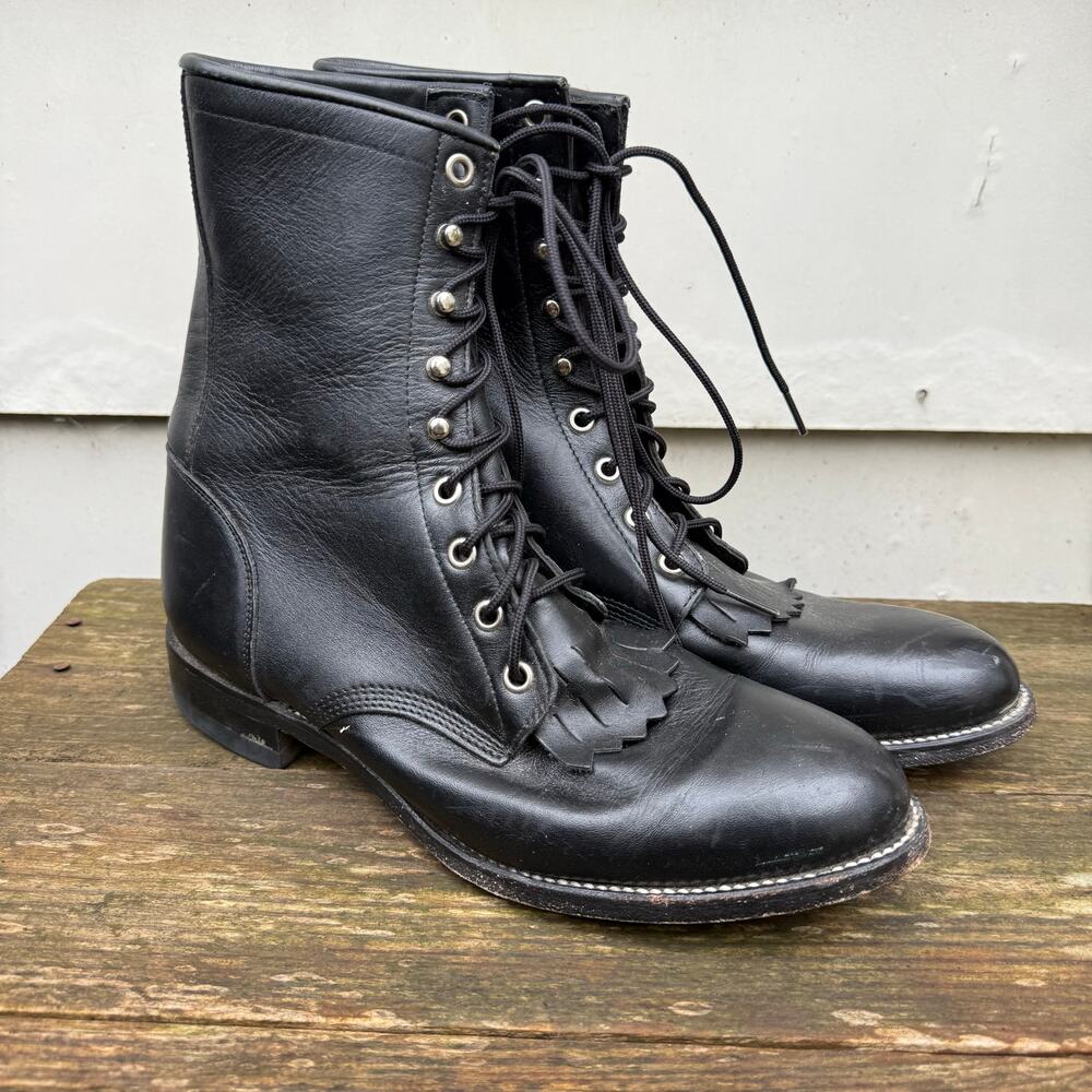Vintage Justin Boots Mens Black Lace Up Roper Kilte Fringe 7 1/2 D Style 506
